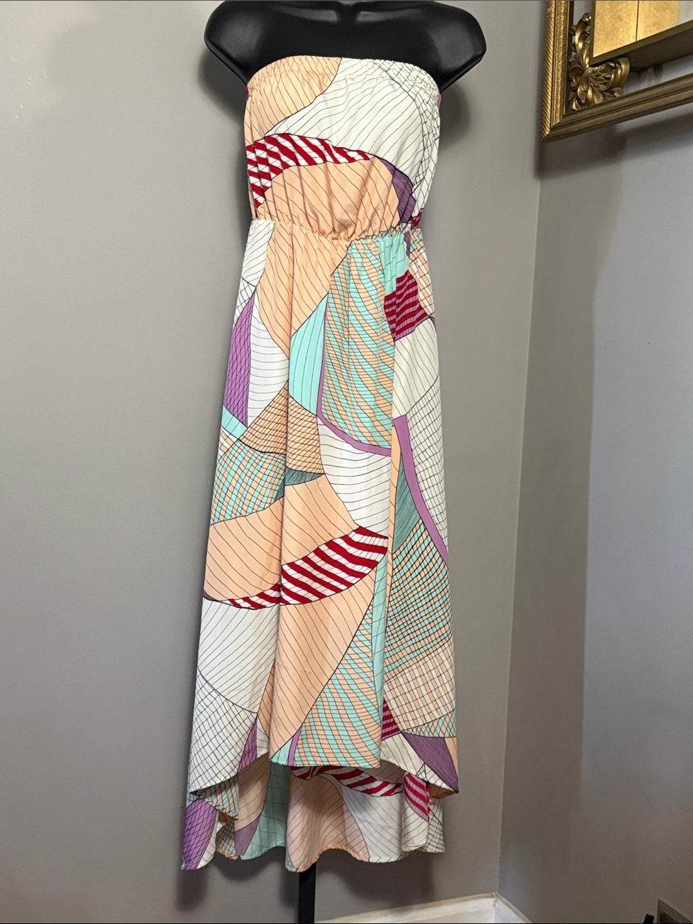 Bar III Small Peach and Teal Strapless Geometric Print Dress